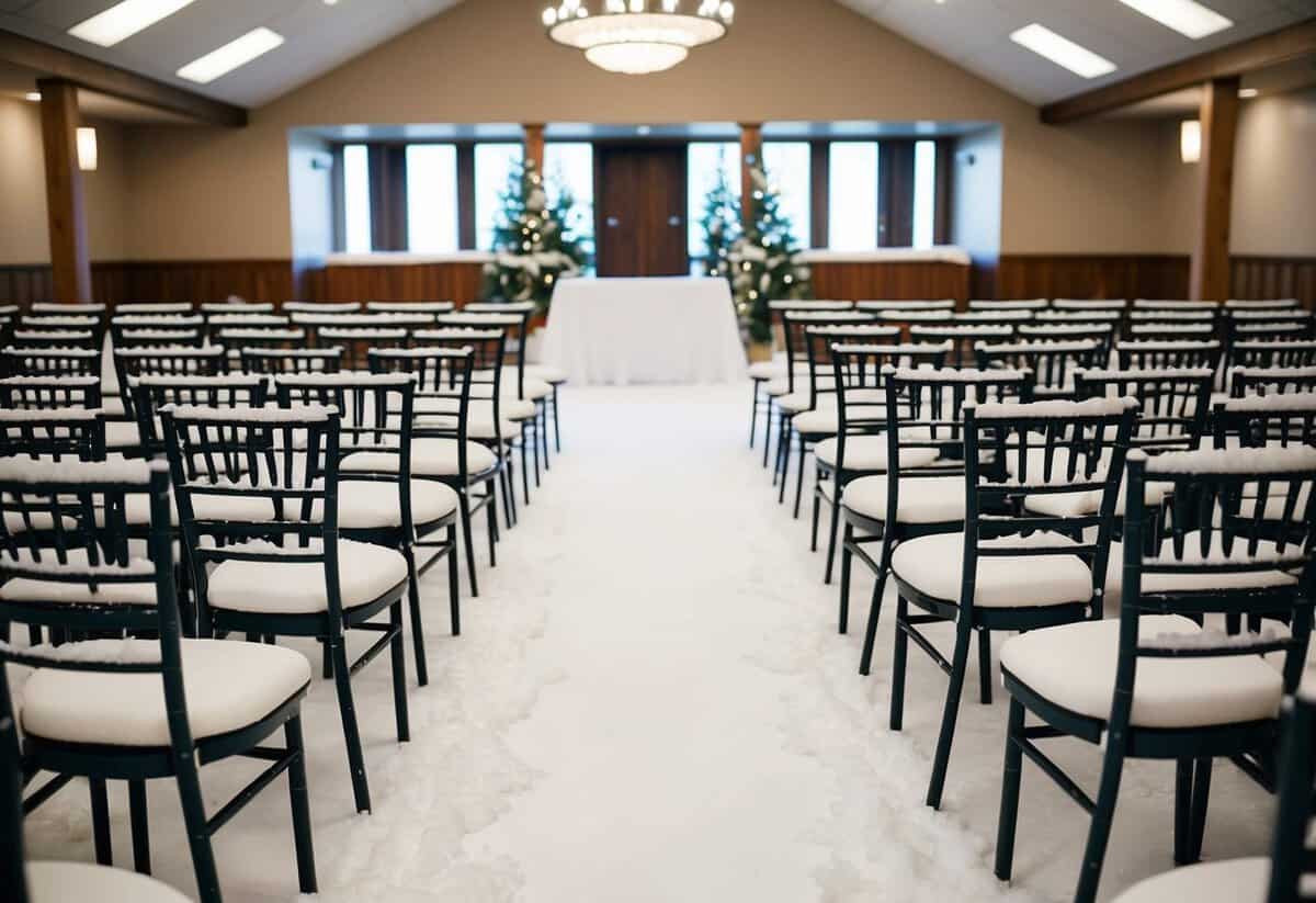 A deserted wedding venue in January, with snow-covered chairs and empty aisles