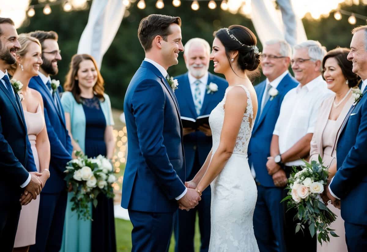 A couple standing face to face, surrounded by friends and family, exchanging vows with a celebratory atmosphere