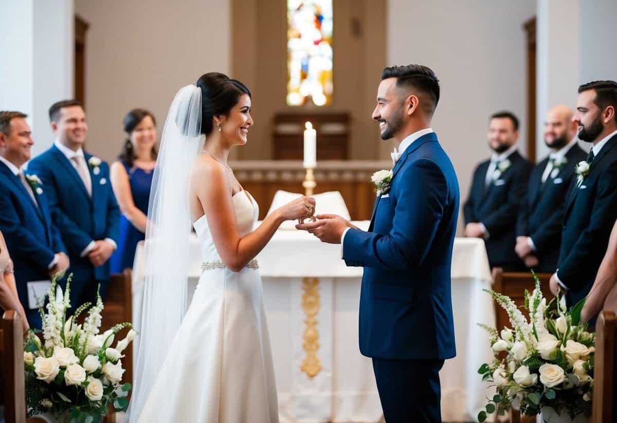A couple standing at the altar, facing each other, with the officiant holding out the wedding rings