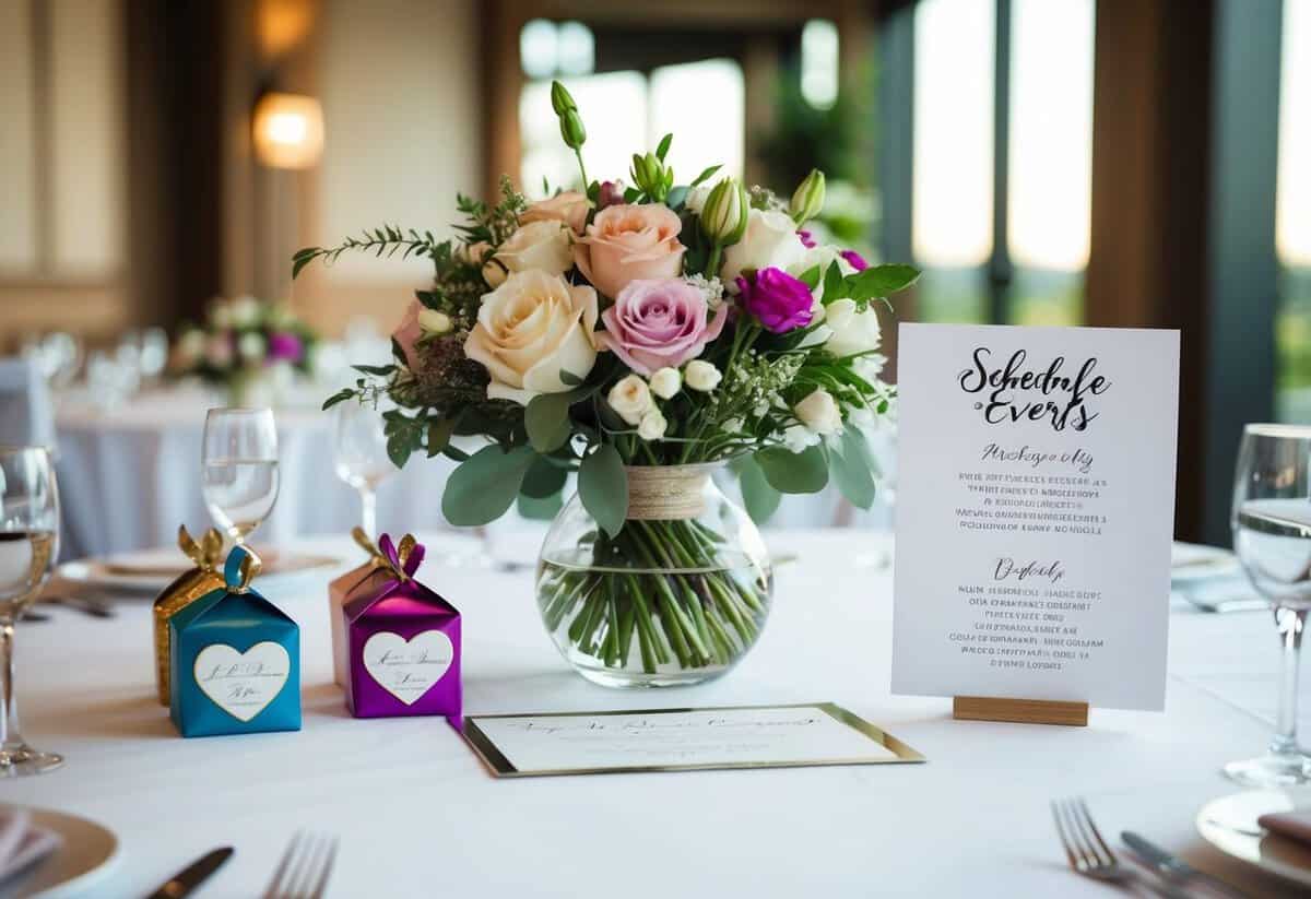 A table set with wedding favors, a bouquet of flowers, and a schedule of events