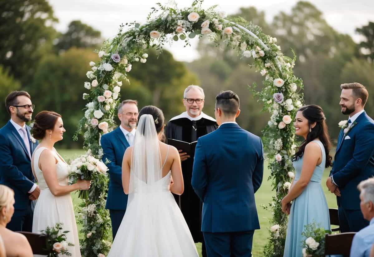 A wedding officiant awaits the couple's response, standing beneath a delicate archway adorned with flowers and surrounded by friends and family