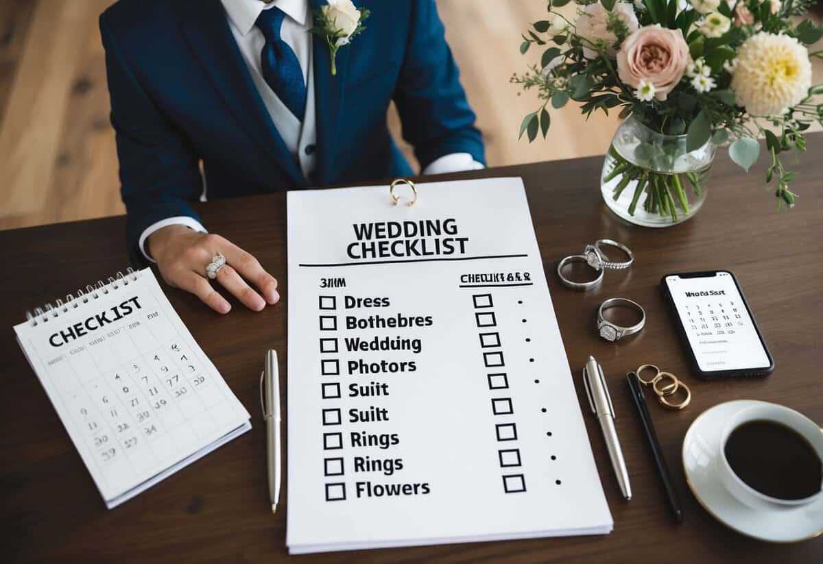A table with a checklist of wedding preparations, including a dress, suit, rings, and flowers, surrounded by a calendar and a phone with reminders