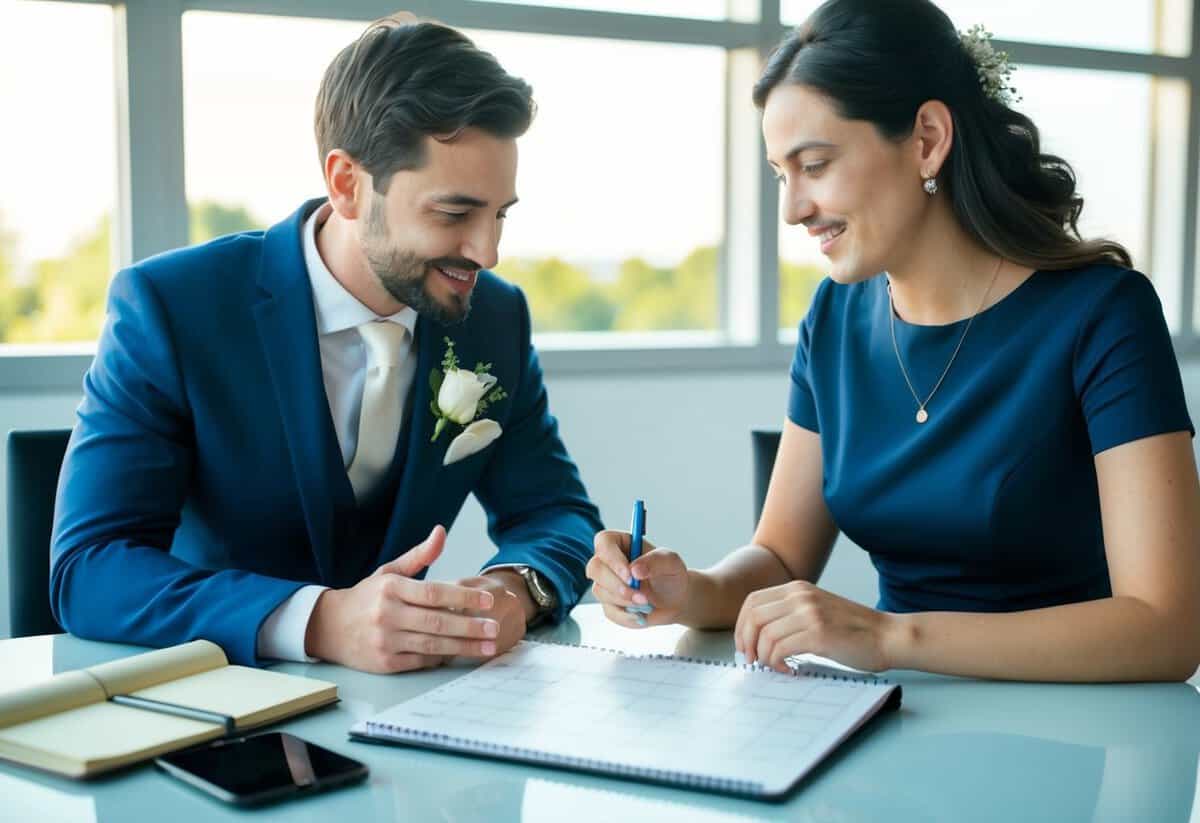A couple sitting at a table with a calendar, discussing and planning for their upcoming wedding. A phone and notebook are nearby for taking notes