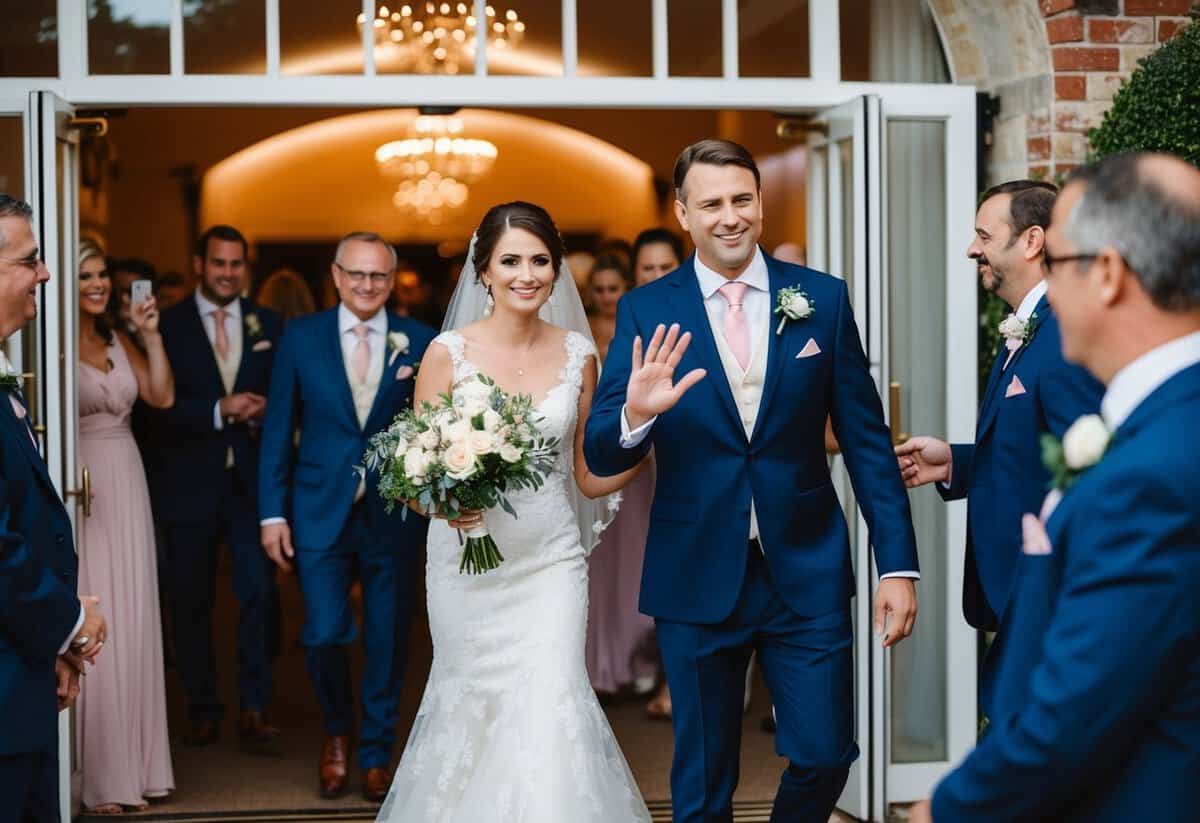 Guests exit wedding venue as bride and groom wave goodbye