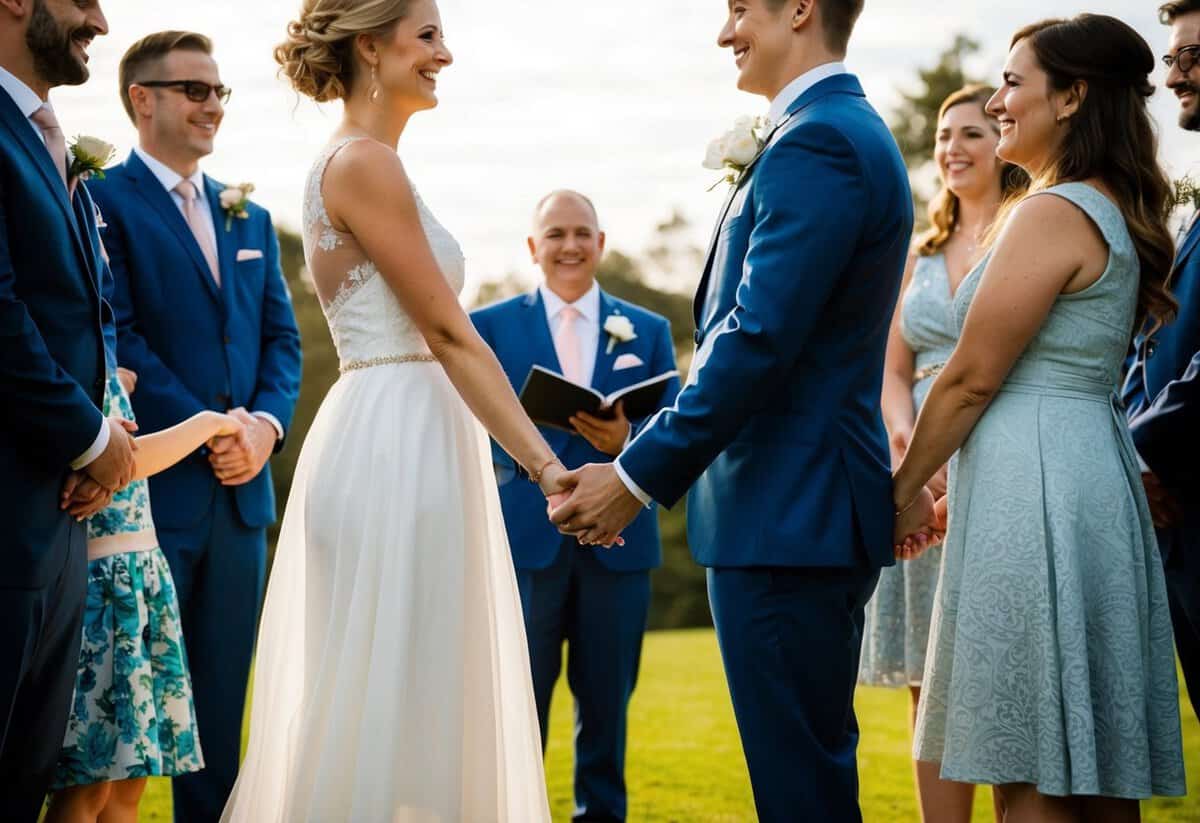 A couple stands facing each other, surrounded by friends and family. They hold hands and smile as they prepare to exchange vows