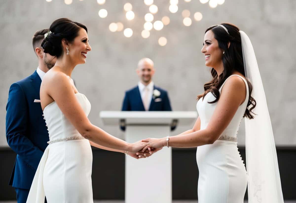 A bride and groom stand facing each other, holding hands, with a modern, minimalist altar in the background. The groom is saying "I do" while the bride looks on with a smile