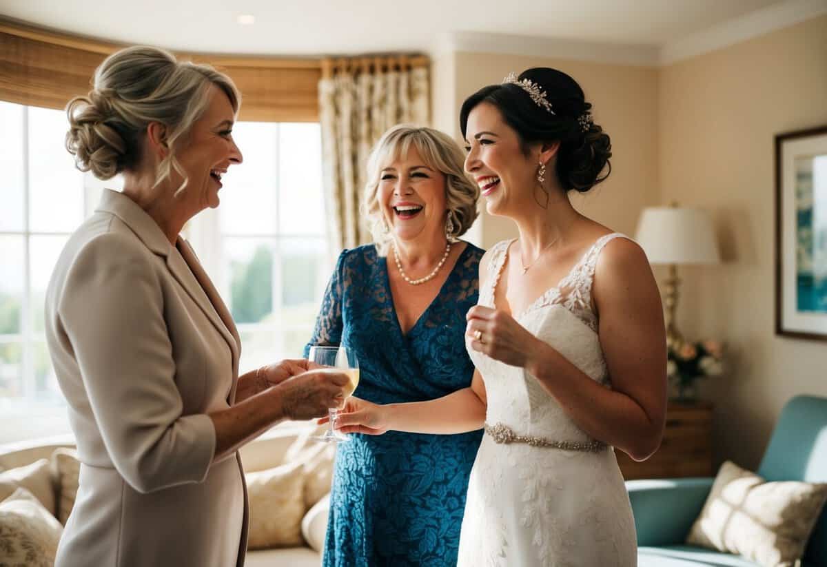 A mother-in-law and bride prepare together, sharing laughter and anticipation in a cozy, sunlit room