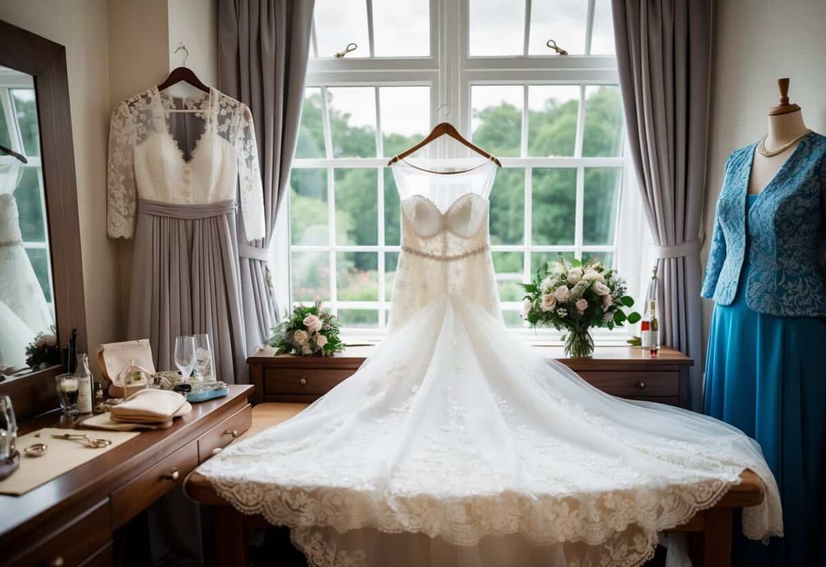 A bride's dress, veil, and bouquet laid out on a dressing table, with a mother-in-law's outfit and accessories nearby