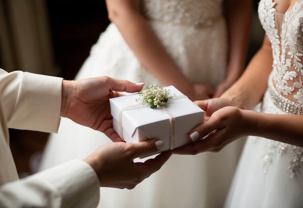 A small box wrapped in delicate paper is handed to the bride