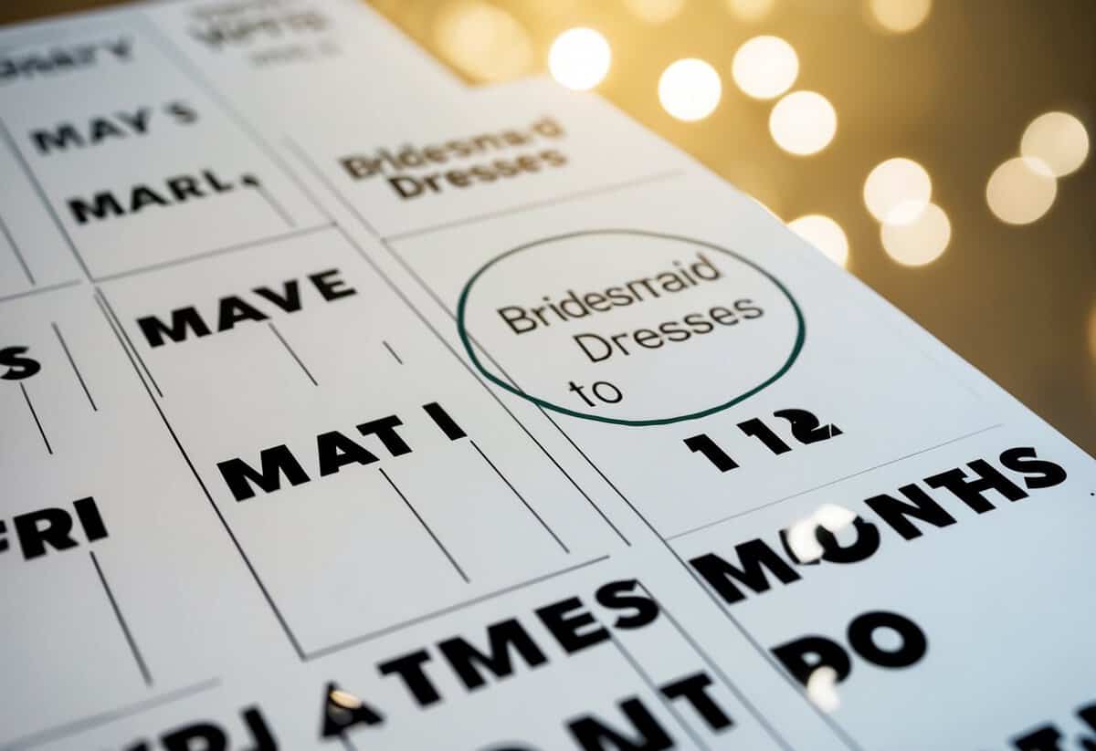 A calendar with the months leading up to a wedding marked, with a circle around the ideal time to purchase bridesmaid dresses