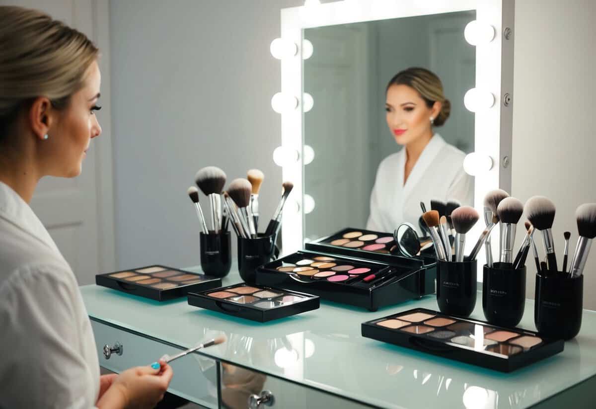 A makeup artist arranges brushes, palettes, and mirrors on a clean, well-lit vanity table