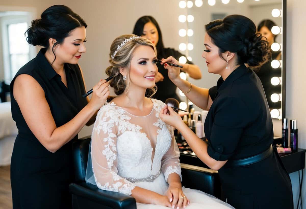 A bride sits in a makeup chair, with hair styled and makeup artists surrounding her, applying makeup in a specific order