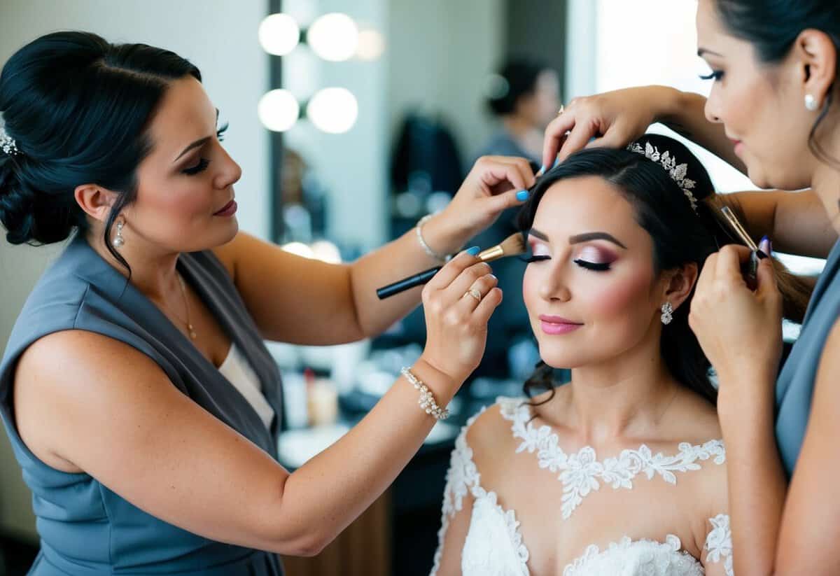 A makeup artist applies foundation, blush, and eyeshadow to a bride's face. A hairstylist adds final touches to her hair