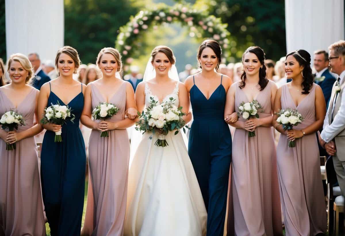 A line of bridesmaids follows the bride, walking down the aisle in a wedding procession
