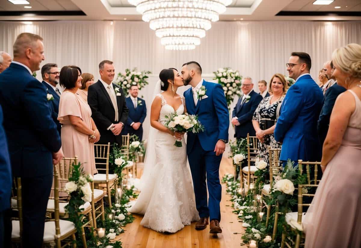 Guests gather in a decorated venue. A couple exchanges vows, rings, and a kiss. They walk down the aisle together, followed by a celebratory reception