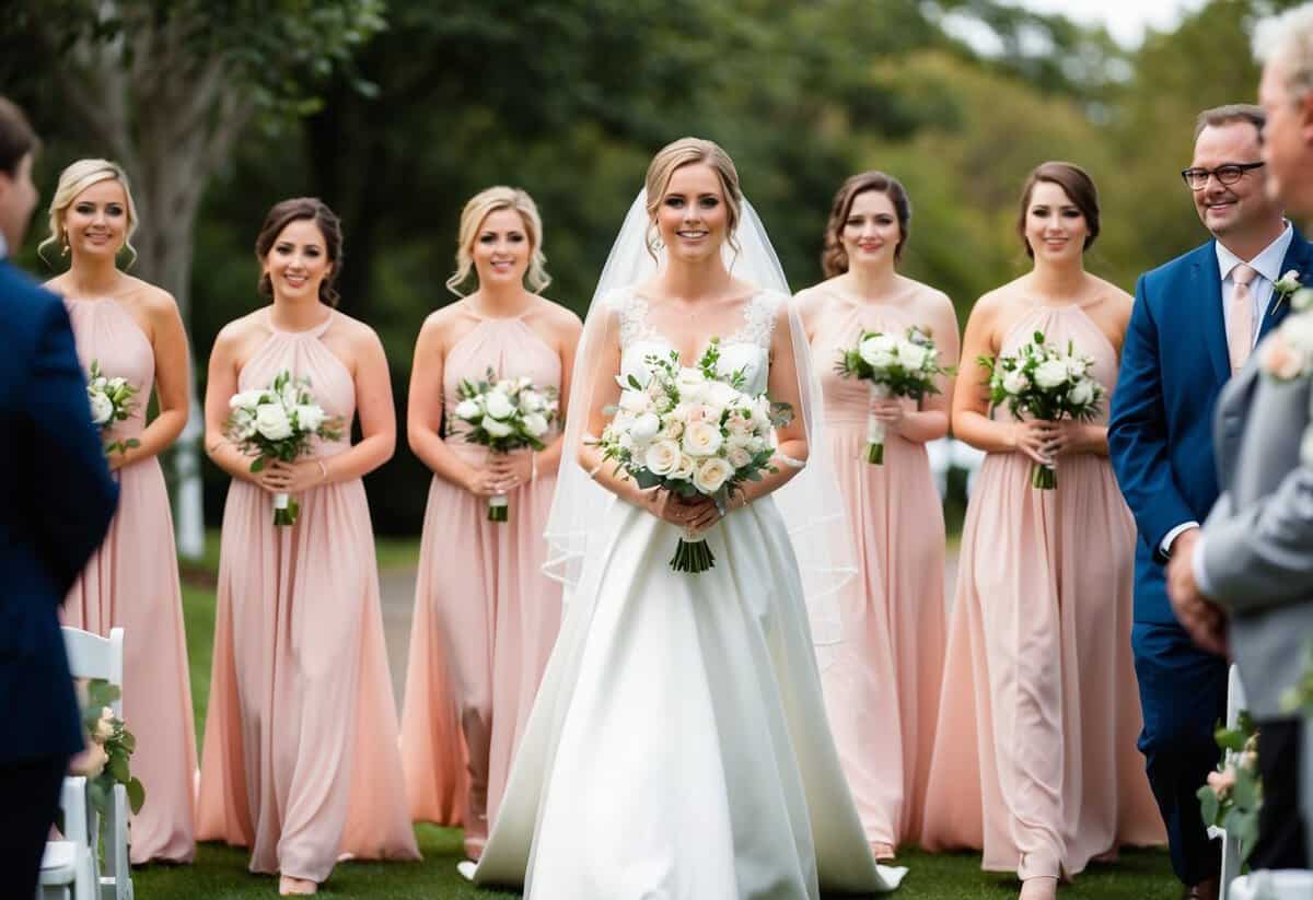 Bridesmaids walk before the bride in a wedding processional, leading the way down the aisle