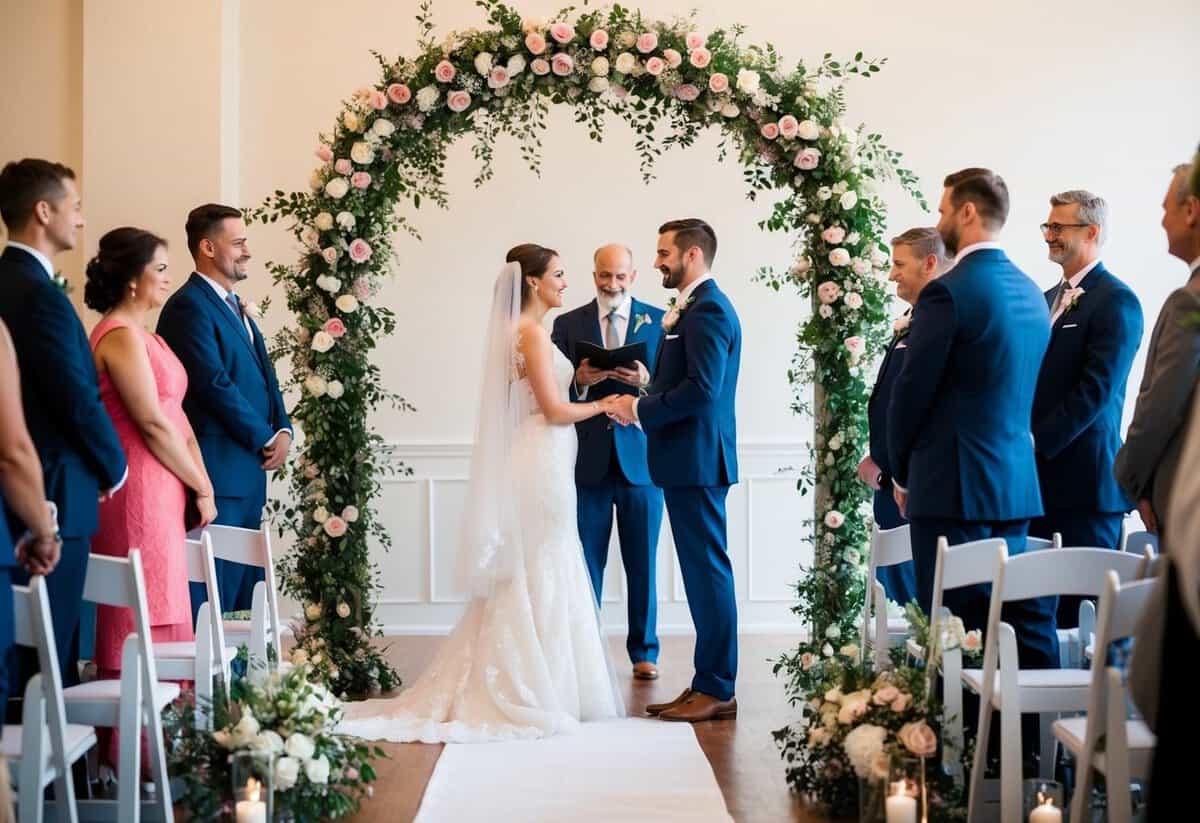 A bride and groom stand beneath a floral arch, exchanging vows as guests look on. A white aisle runner leads to the altar