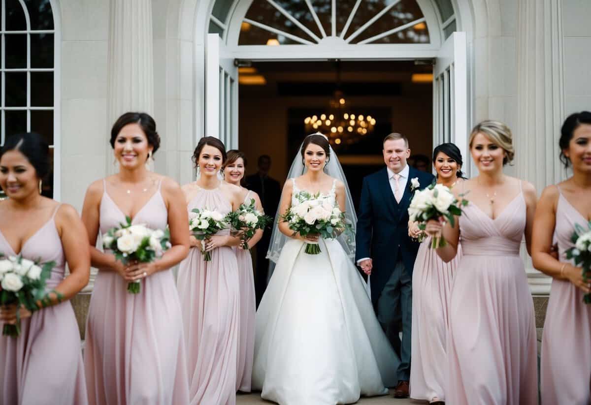 The bride's grand entrance, with bridesmaids following closely behind