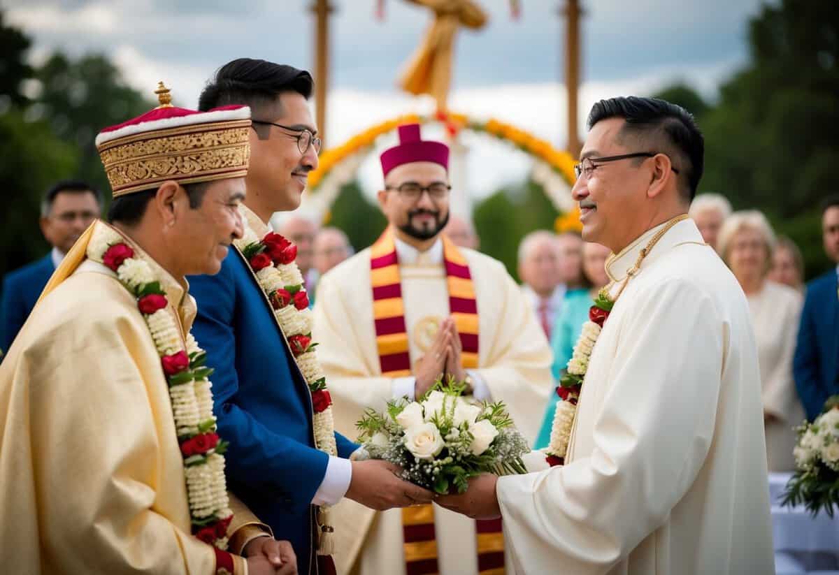 A wedding ceremony begins with a traditional cultural ritual, followed by the exchange of religious vows and blessings, culminating in a symbolic unity ceremony and celebration