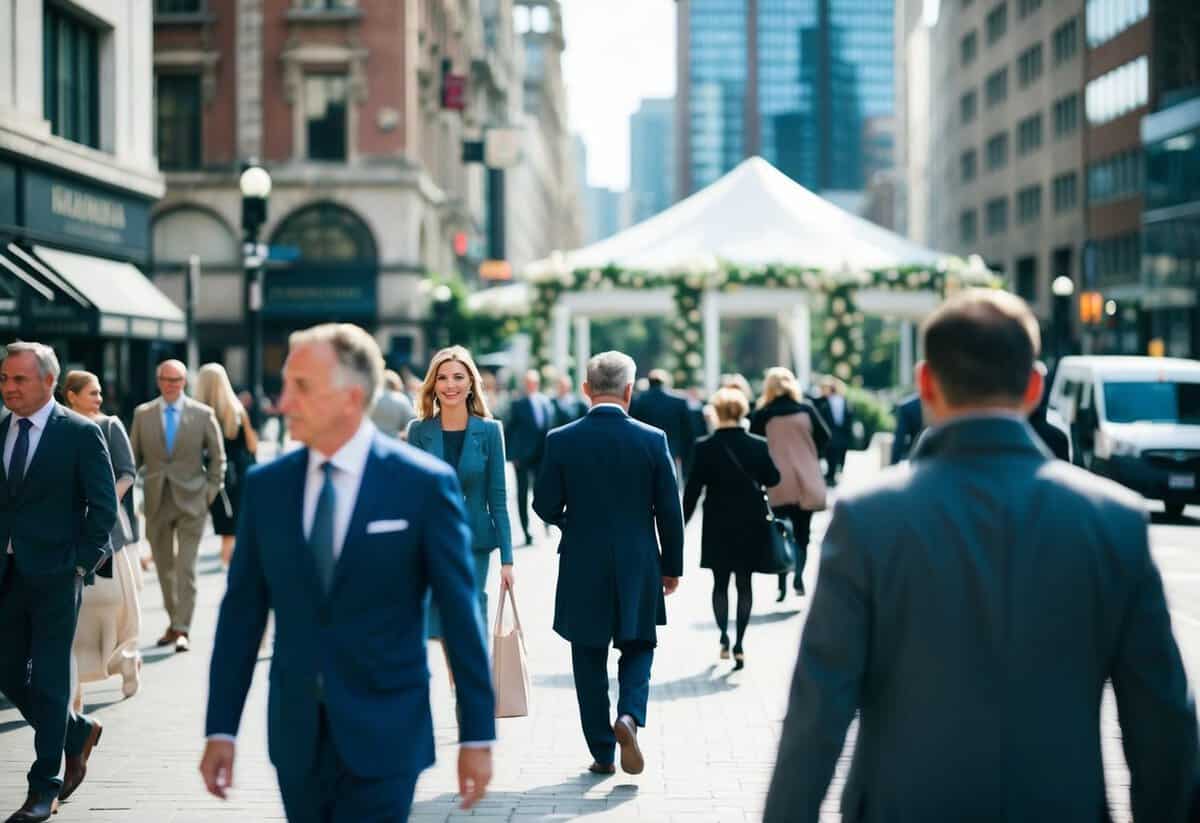 A bustling city street with a wedding venue in the background, as people go about their weekday routines