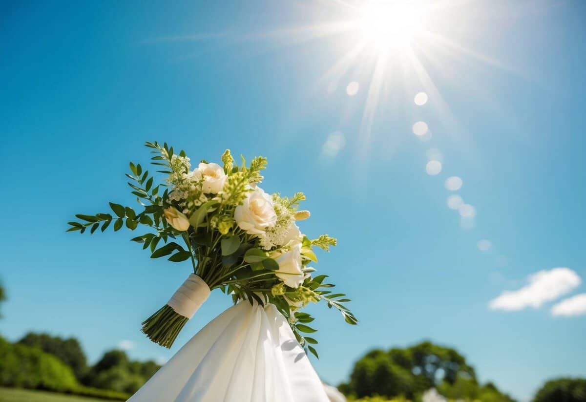 A bright, sunny outdoor wedding with a clear blue sky and lush greenery
