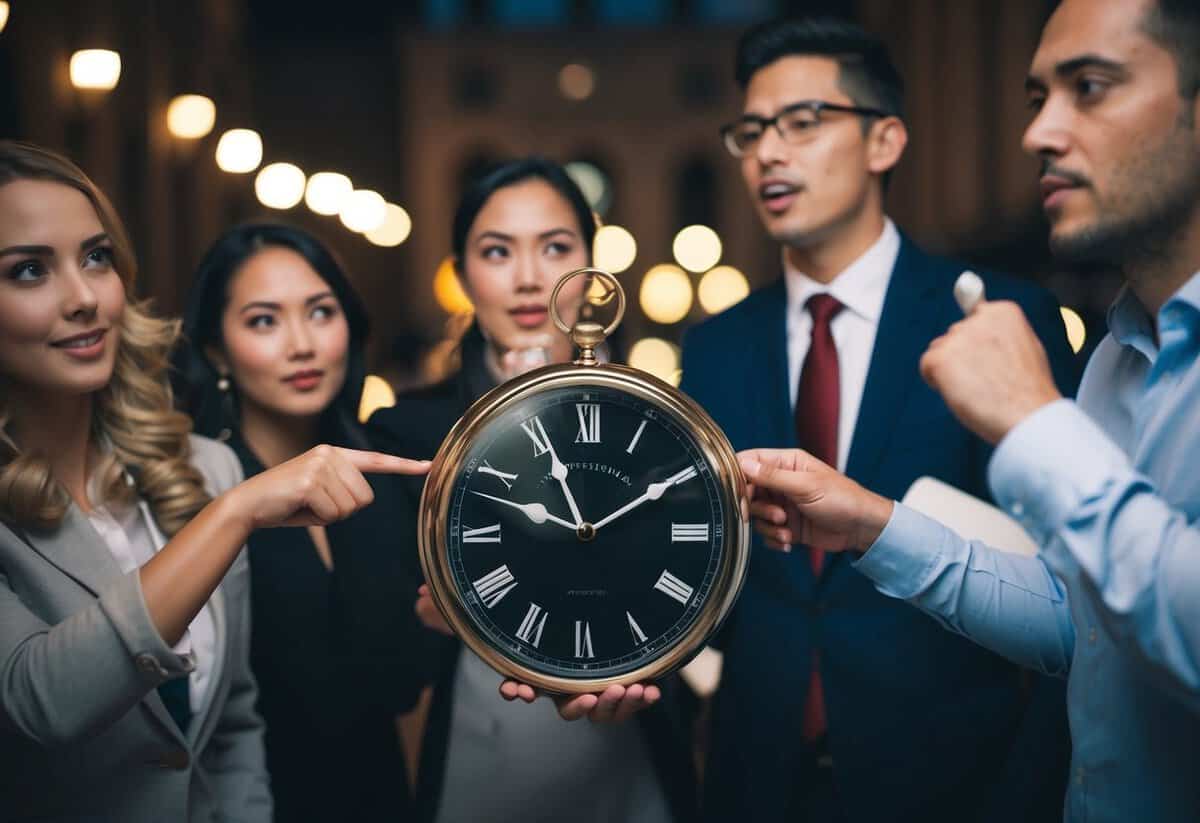 A clock striking midnight while others look impatient