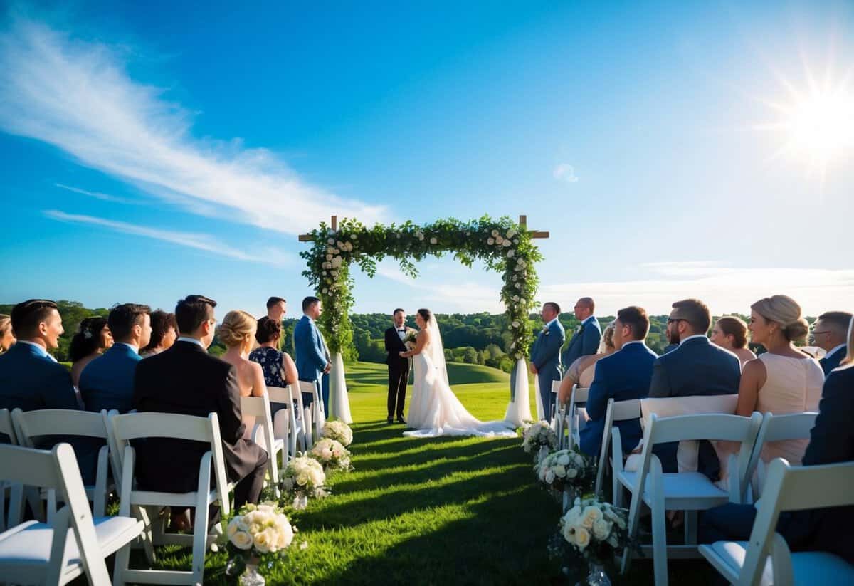 A bright and sunny outdoor wedding ceremony on a Sunday, with a clear blue sky and a lush green landscape