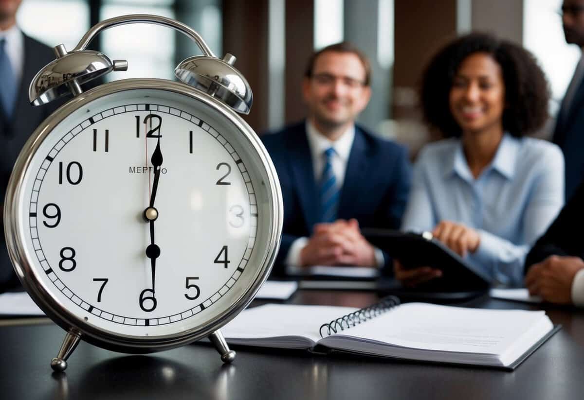 A clock showing the time past a scheduled meeting, while others wait impatiently