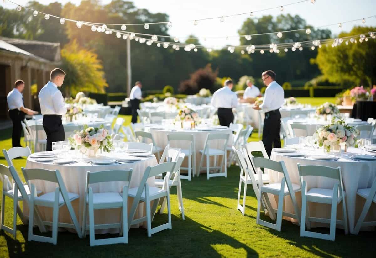 A sunny outdoor wedding venue with tables, chairs, and floral decorations being set up by event staff