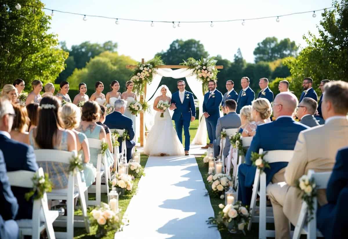 A sunny outdoor wedding ceremony with themed decorations and guests in attendance