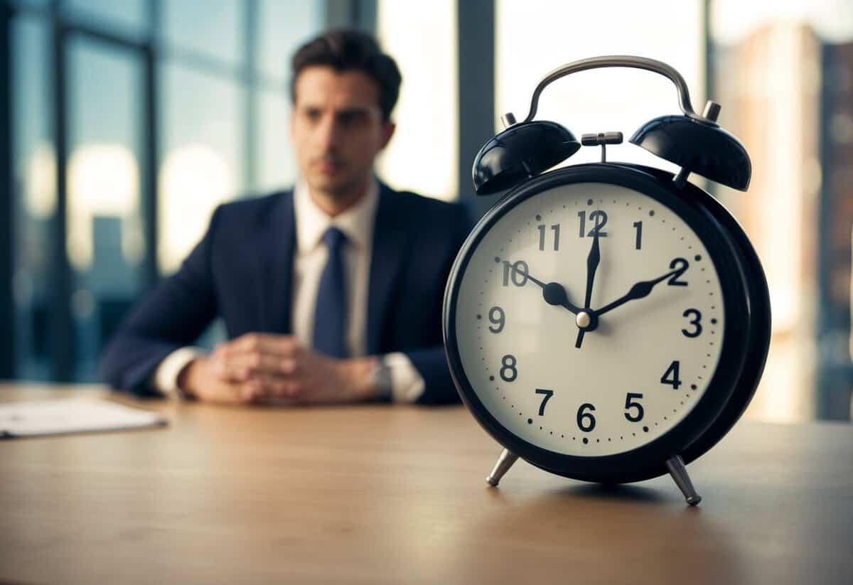 A clock showing 10:05 with a person waiting impatiently