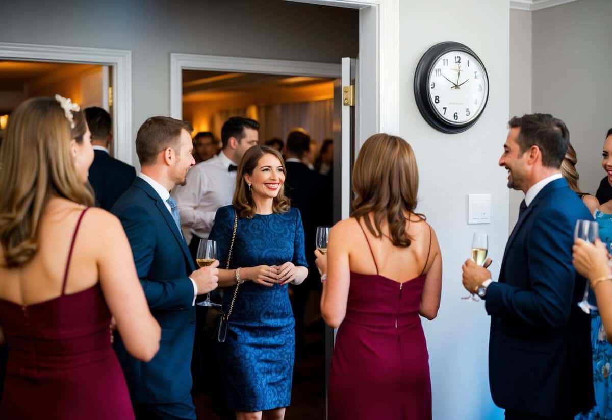 Guests arriving at a party, some already inside. Clock on the wall shows 15 minutes past the start time. Hostess greeting late arrivals with a smile