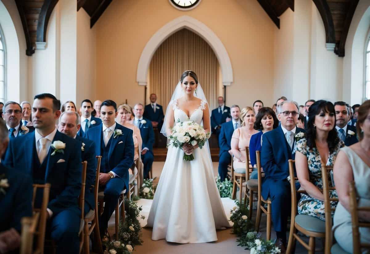 A bride stands nervously at the altar, guests shifting in their seats as the clock ticks past the scheduled start time