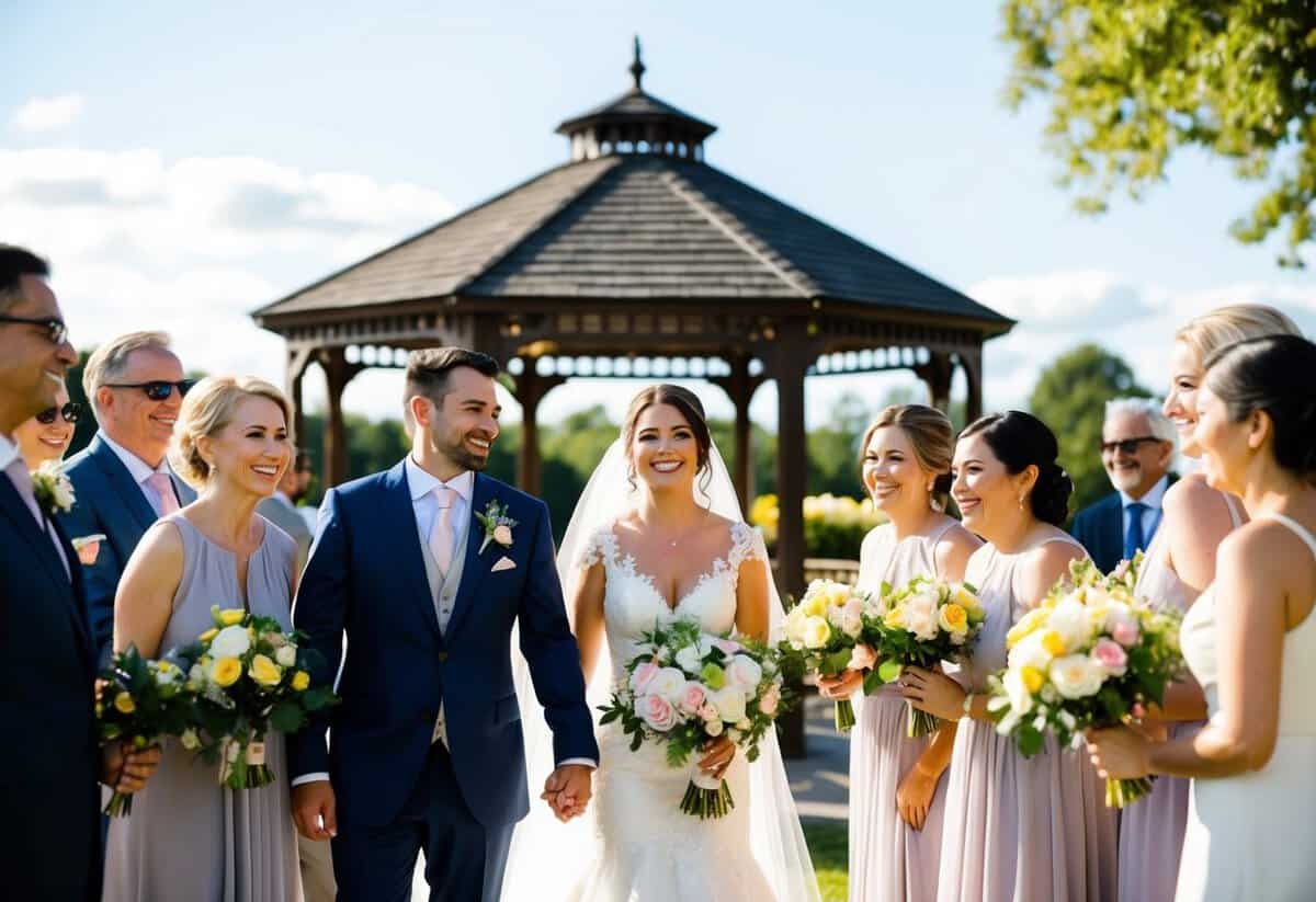 A sunny outdoor wedding with flowers and a gazebo, surrounded by happy guests