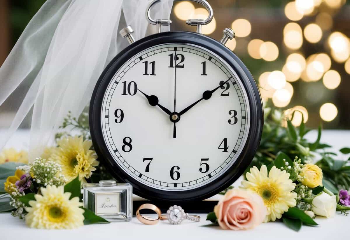 A clock with the hands pointing to the time of the wedding, surrounded by a flurry of wedding-related items like flowers, rings, and a veil