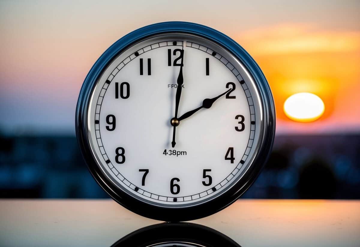 A clock showing 4:30pm with the sun beginning to set in the background