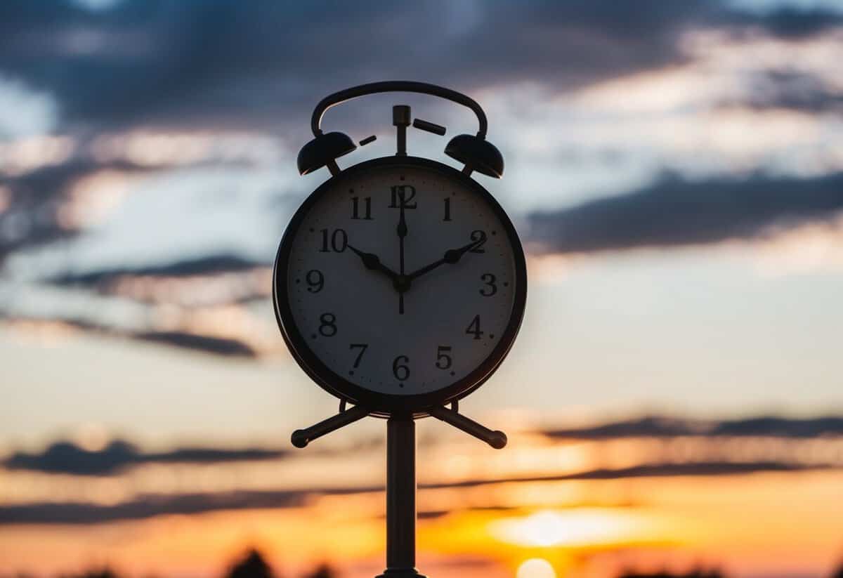 A clock showing 4:00 with a sunset in the background