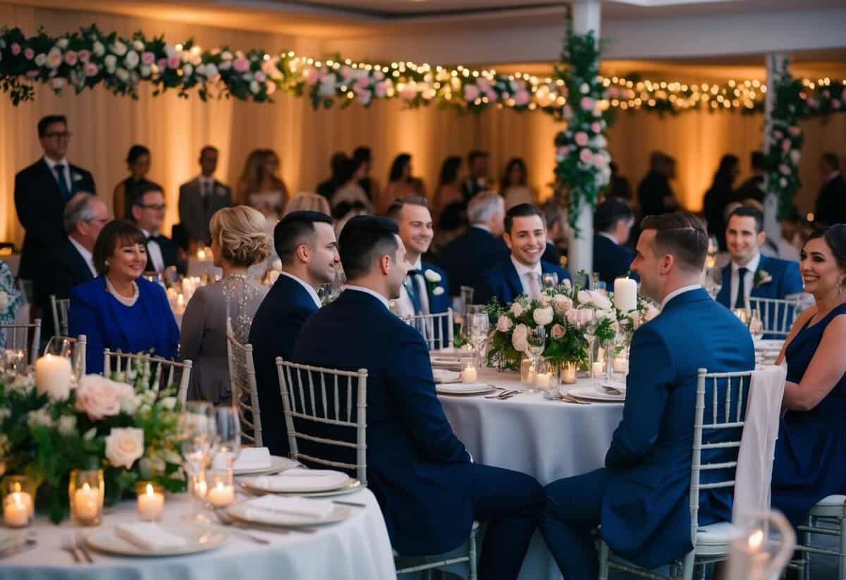 A 5pm wedding is formal with guests dressed in elegant attire. The venue is adorned with flowers and candles, creating a romantic atmosphere