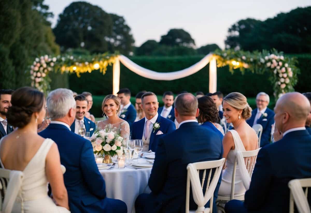 A 5pm wedding: guests in elegant attire, soft evening light, floral decorations, and a formal ambiance