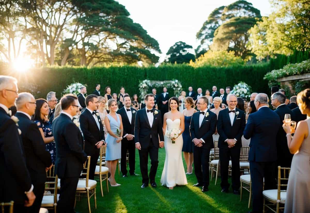 Guests in elegant evening attire gather in a sunlit garden for a 5pm wedding ceremony. The setting is formal, with men in suits and women in cocktail dresses