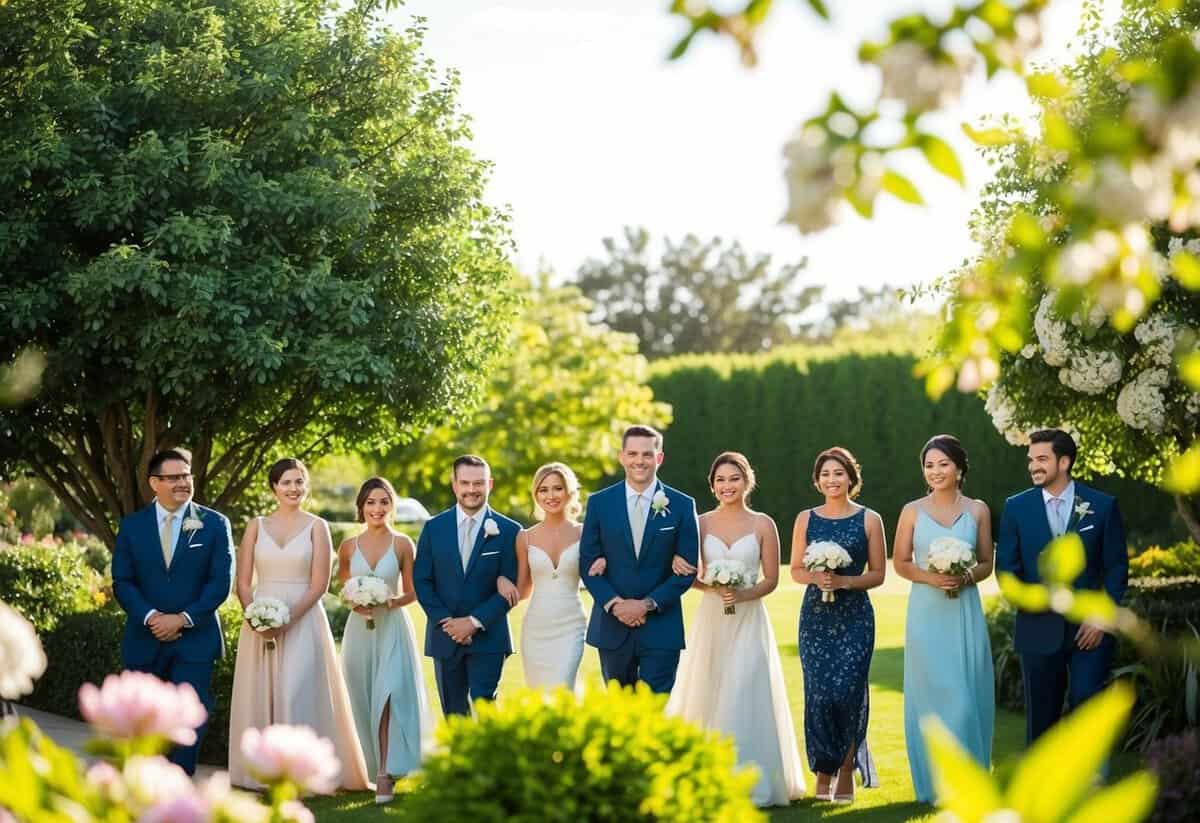 A formal outdoor wedding scene with guests dressed in elegant attire, surrounded by lush greenery and blooming flowers under the warm afternoon sun