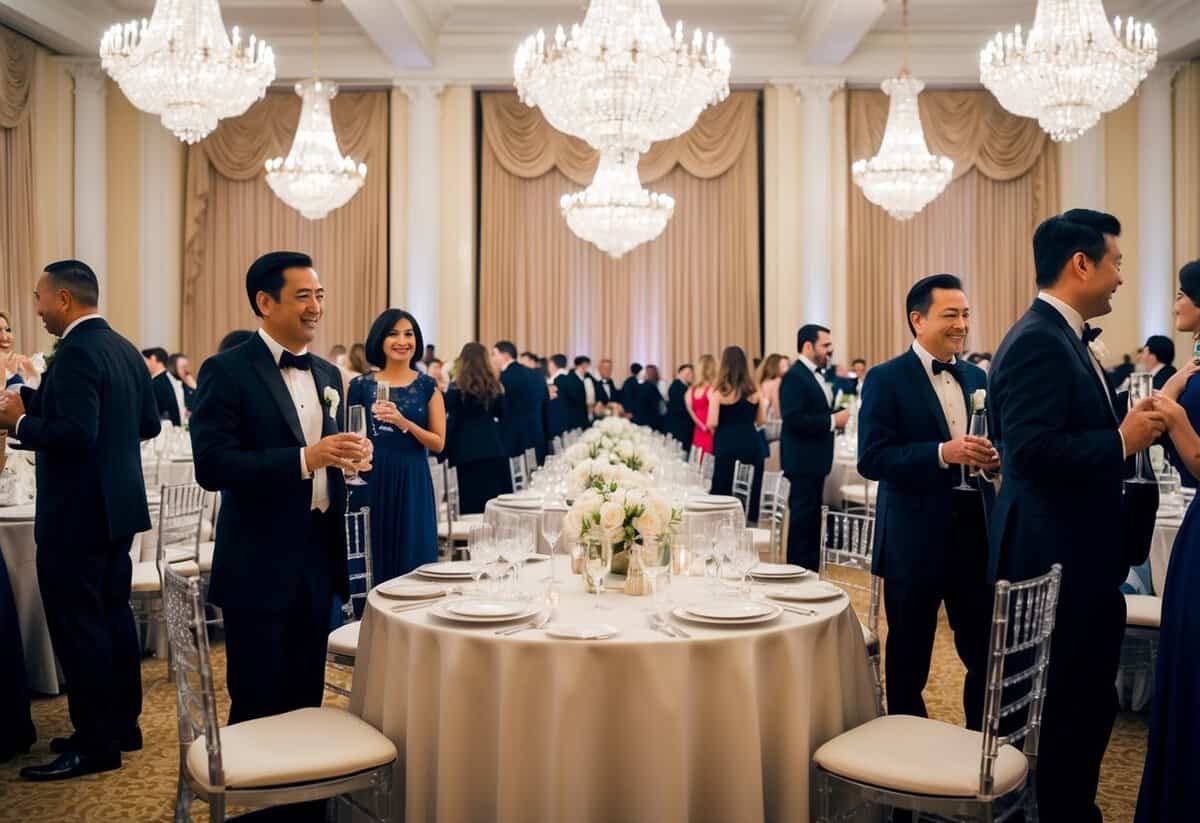 A grand ballroom with elegant chandeliers and floor-length drapes. Tables set with fine china and crystal stemware. Guests in formal attire mingling with champagne in hand