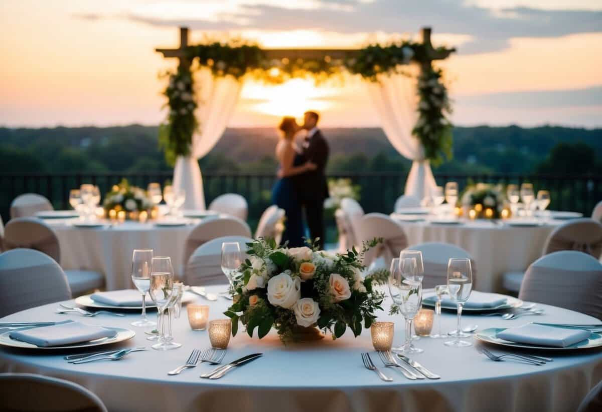 A 5pm wedding in a formal setting, with a sunset backdrop and elegant decor reflecting the seasonal and location considerations