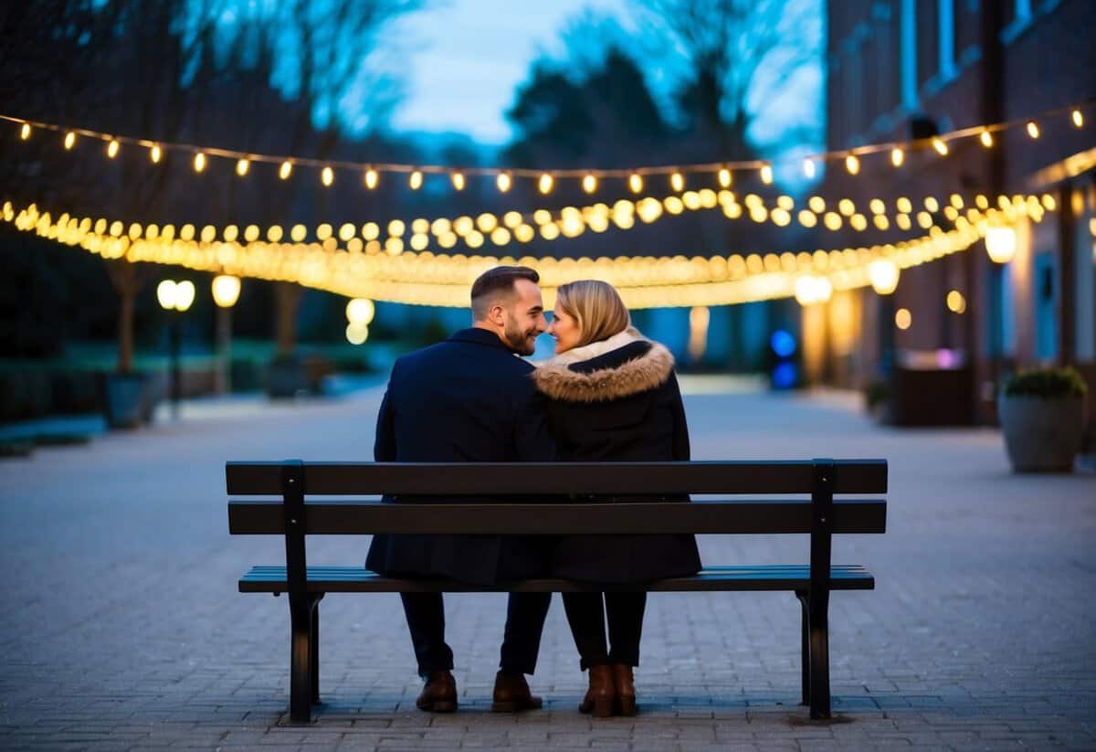 A couple sits on a bench under twinkling lights, sharing a quiet moment together