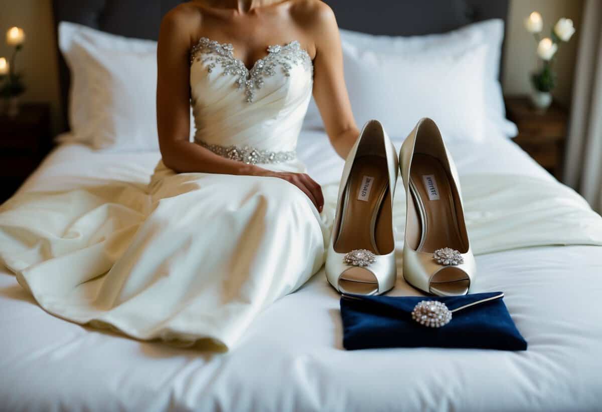 A woman's elegant dress, a pair of heels, and a small clutch laid out on a bed, ready to be worn for a 3PM wedding