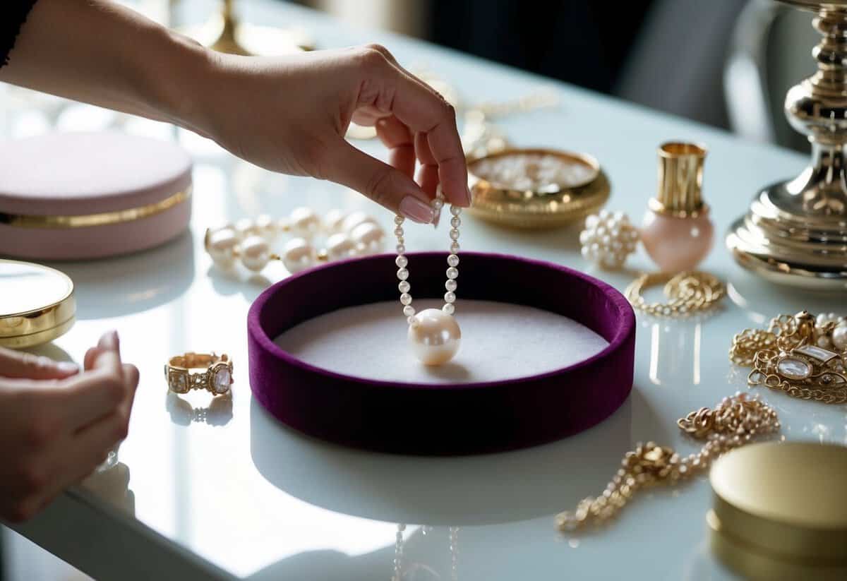 A woman's hand reaching for a delicate pearl necklace on a velvet jewelry tray, surrounded by a collection of elegant accessories on a vanity table