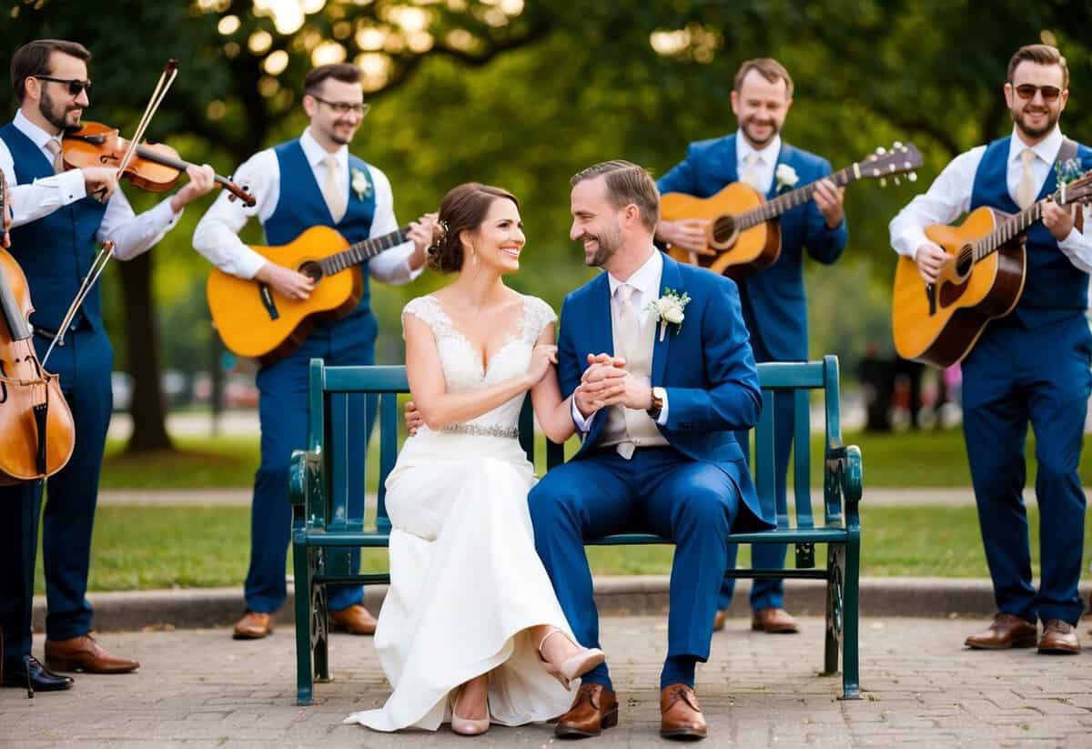 A couple sits on a park bench, surrounded by musicians playing various instruments. They smile and sway to the music, enjoying their alternative to a traditional first dance
