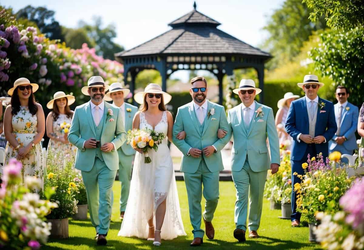 A garden wedding at 3pm, guests wear floral dresses and light suits, with sun hats and sunglasses, surrounded by blooming flowers and a gazebo