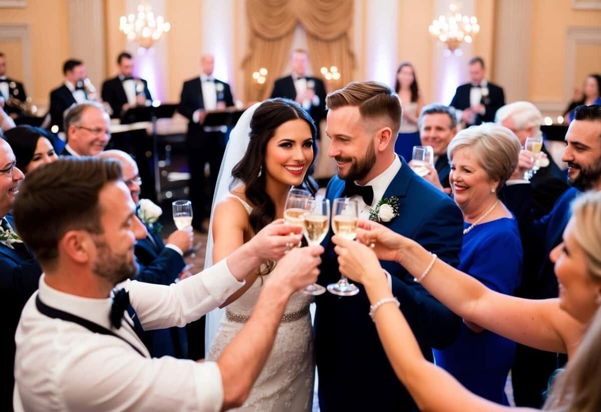 A couple surrounded by guests, raising toasts and clinking glasses in a grand ballroom with twinkling lights and a live band playing in the background