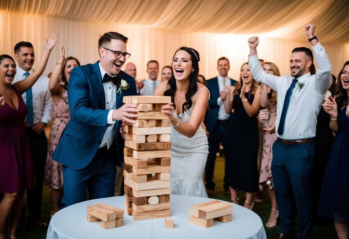 A couple joyfully plays a game of giant Jenga together, surrounded by cheering friends and family at their wedding reception